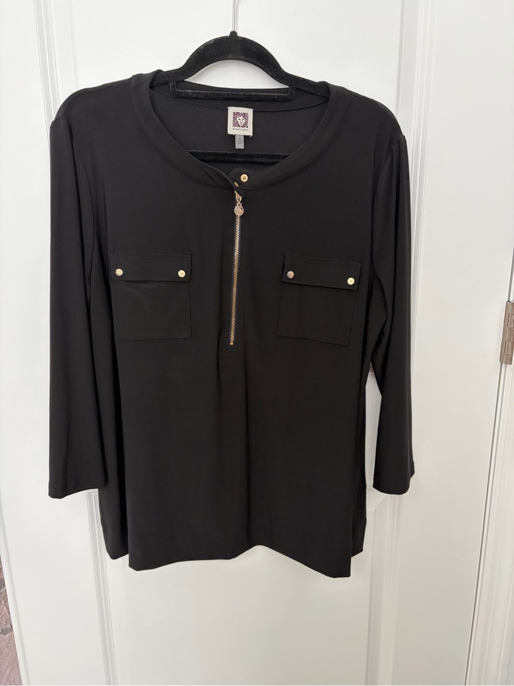 Anne Klein Black Long Sleeve Top with Gold Zip